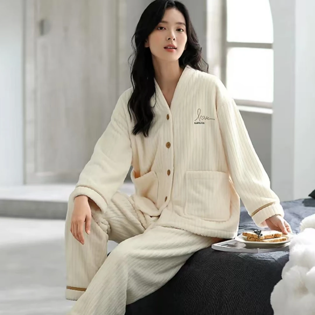 【高品质专柜版】秋冬慵懒风韩版条纹睡衣加绒加厚家居服套装