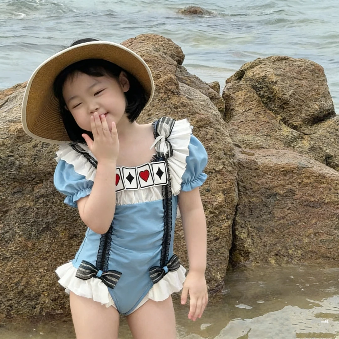 B201 女童儿童重工洛丽塔泳衣连身泳衣度假海边连衣裙