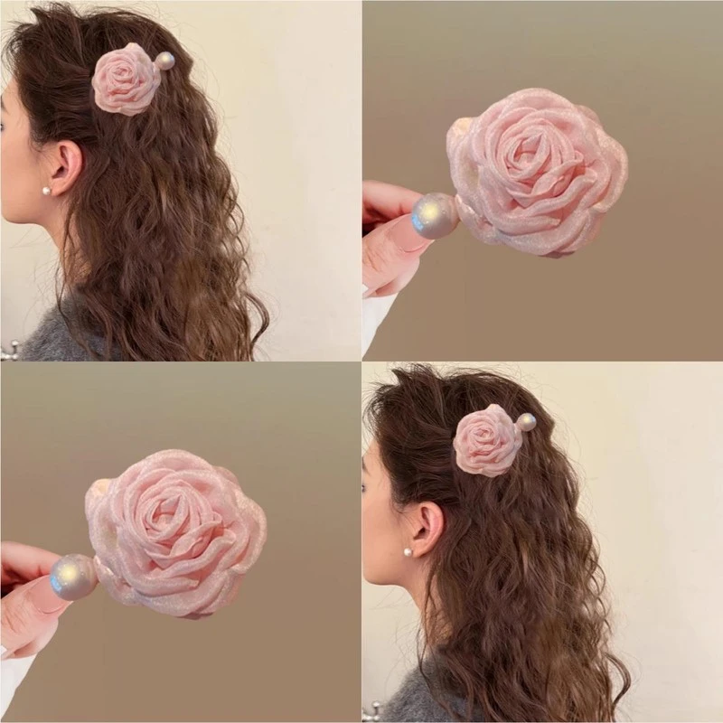 韩国东大门小众时尚简约欧根纱花朵珍珠边夹高级百搭发饰新款发饰