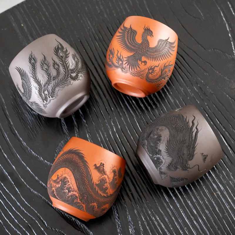 宜兴紫砂茶具原矿泥料刻绘山水楼阁花鸟龙凤大主人杯高档公道杯