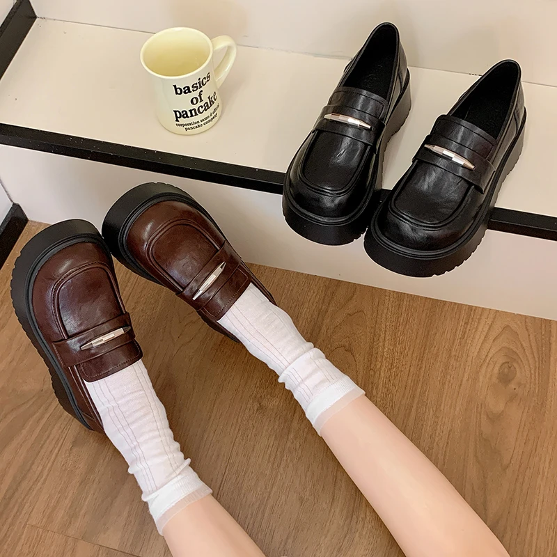 厚底增高黑色小皮鞋女2025春季新款英伦风复古配裙子JK百搭乐福鞋