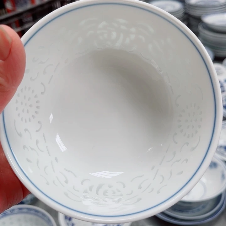 青花玲珑5寸饭碗满雕双福双线