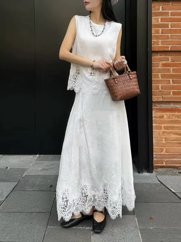 麻拼蕾丝高级套装裙