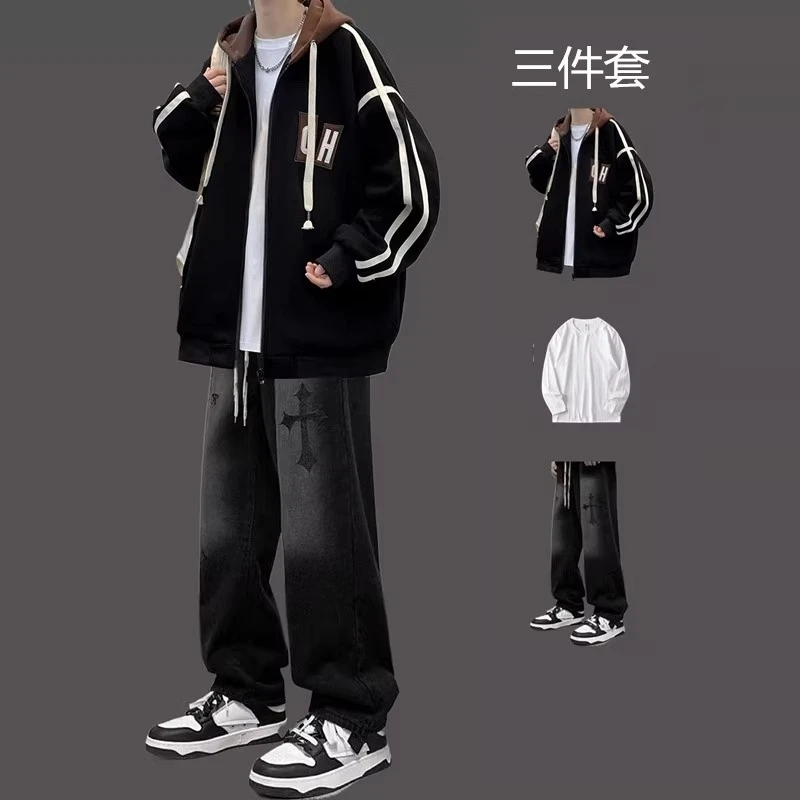 美式潮流棒球服外套男春秋连帽开衫卫衣男生套装青少年穿搭三件套