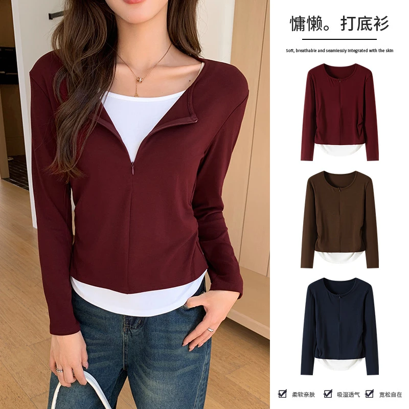 慵懒2025秋季新款隐形拉链假两件长袖T恤显瘦休闲褶皱早秋上衣