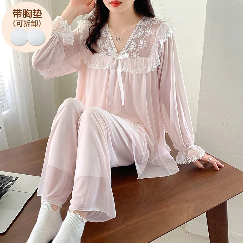 【小美慧】蕾丝公主风春夏双层网纱宽松花边长袖睡衣家居服套装女