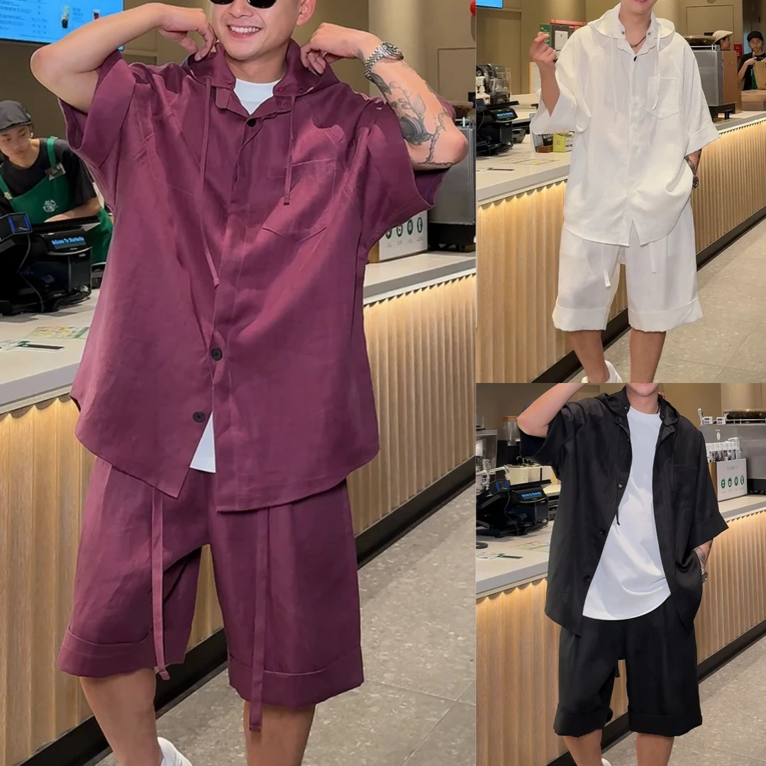 【雨乐3店】118/541夏季新款垂感休闲套装中袖衬衣外套短裤可拆卸帽