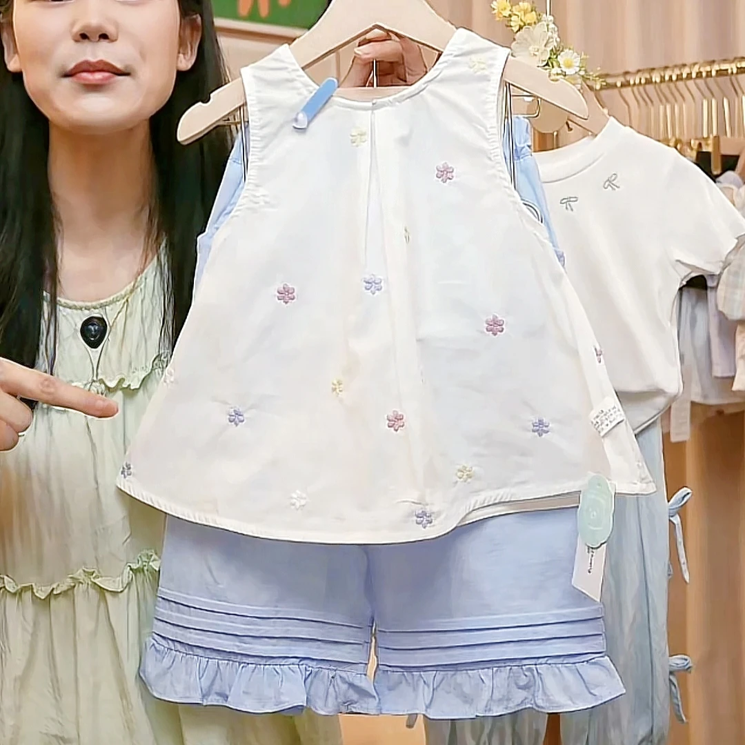 J夏季新款女童时尚洋气宽肩裙衫女宝韩版休闲无袖夏天裙衫套装X41