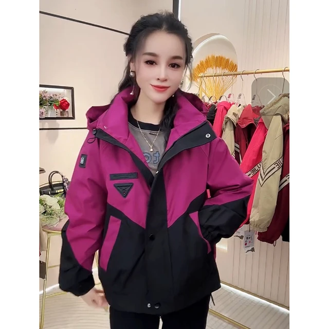 秋冬风衣加棉复古拼接色女士短款冲锋衣夹棉户外防水外套连帽