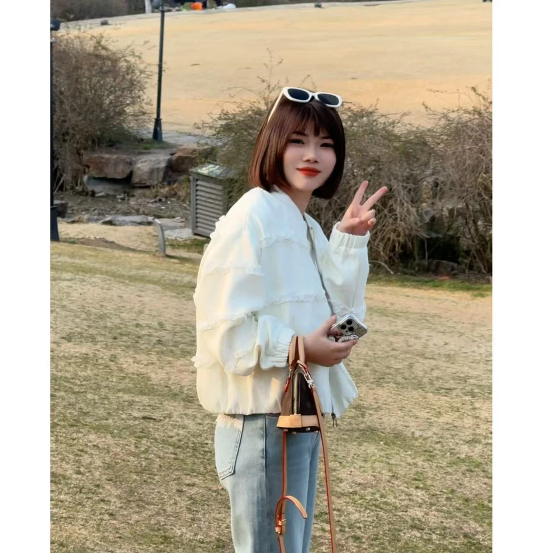 玳妮【木耳边棒球服】春季新款木耳拼接时尚短外套休闲百搭长袖上衣