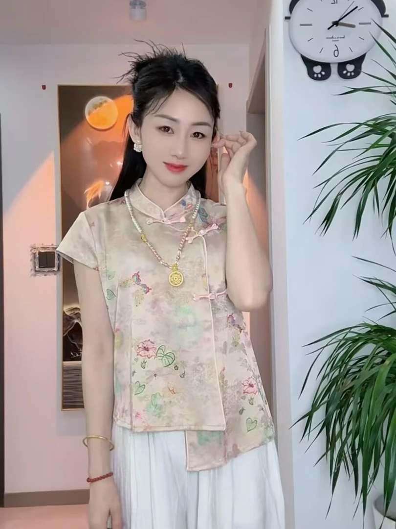 (金蝶）夏季薄款立领短袖风时尚背心上衣常规款斜襟常规中国风提花