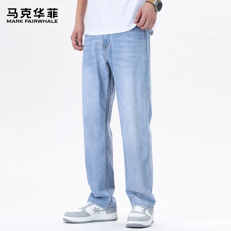 马克华菲夏季薄款冰丝牛仔裤男士新款宽松直筒男裤美式潮牌长裤子