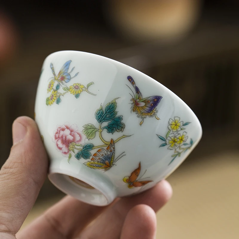 蝶恋花珐琅彩鸡心杯110ml中国风女款主人杯蝴蝶功夫茶杯釉下彩碗