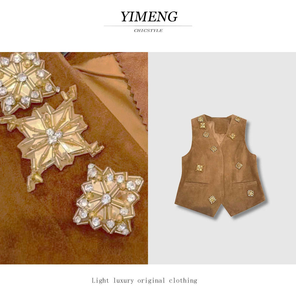 YIMENG/逸梦 【红茶拿铁】秋冬千金风肯尼亚绒面复古水钻马甲