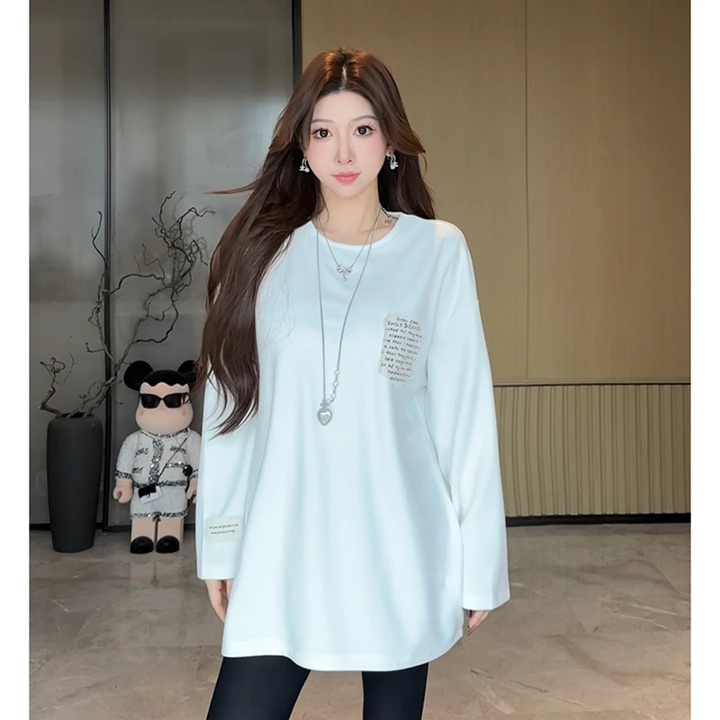 小雨姐姐【白色清海】时尚休闲磨毛德绒贴布圆领宽松T恤女冬季2025