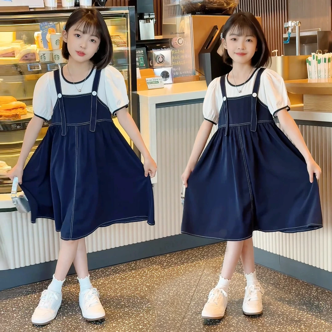 女童夏季连衣裙儿童韩版冰丝雪纺甜美背带裙假两件休闲裙子9552