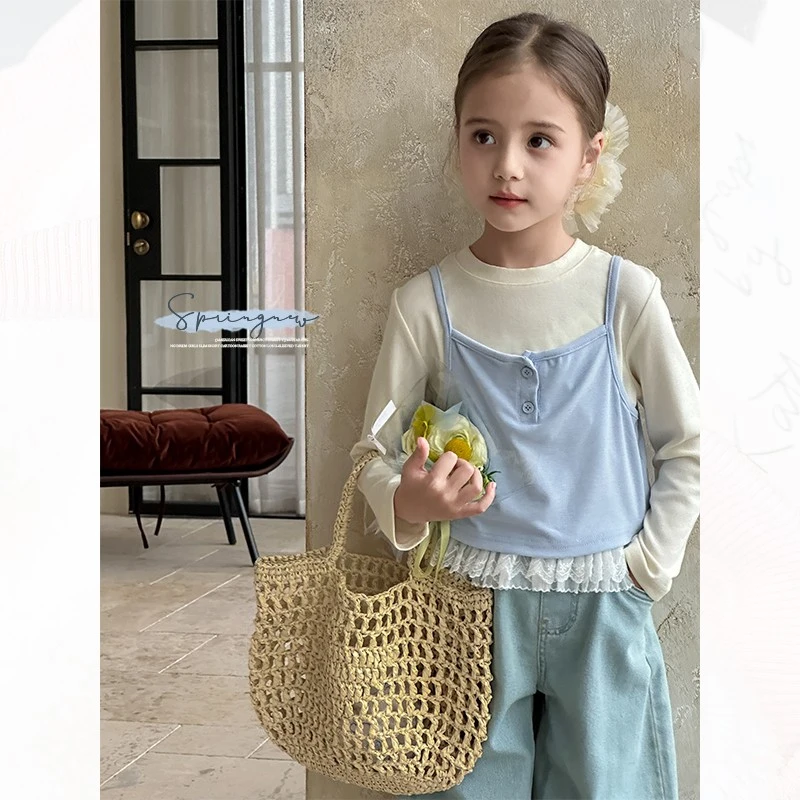 女童套装25春季儿童新款蕾丝花边长袖白色T恤叠穿吊带背心两件套