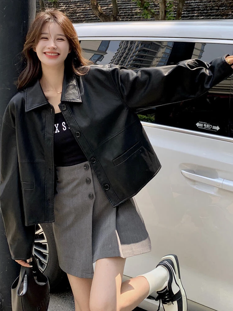 黑色皮衣短款宽松休闲百搭设计感外套春秋季复古港风机车服上衣