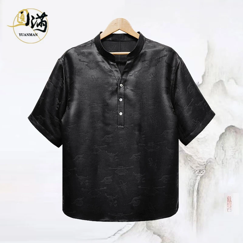 [万事亨通]圆满香云纱桑蚕丝重缎提花立领小V领短袖上衣TX5626