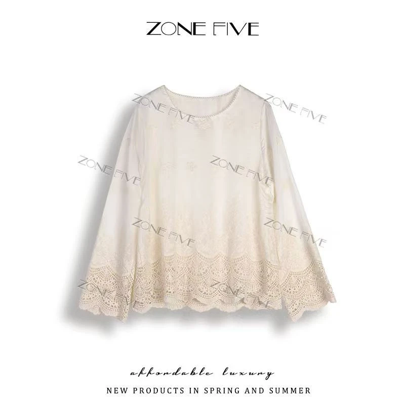 【zonefive】2025年春季新款钩花刺绣蕾丝拼接圆领小衫上衣