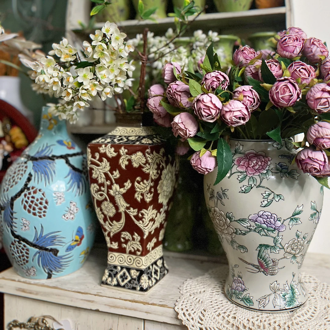 精美复古蝴蝶花叶图案陶瓷装饰老货花瓶 彩绘花朵花瓶