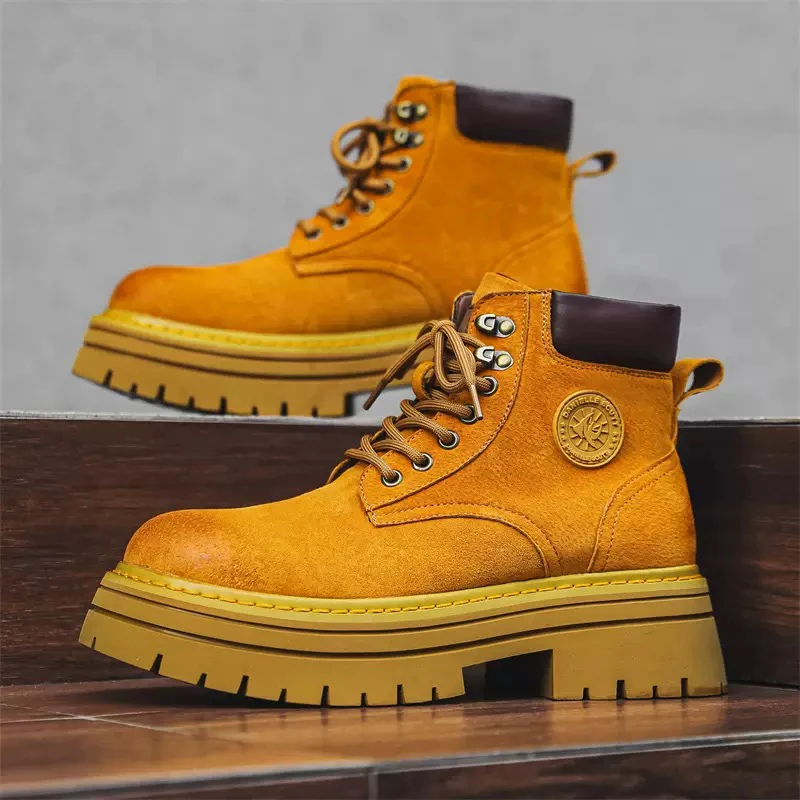 秋冬中帮减震高帮圆头系带增高马丁靴大黄靴厚底休闲