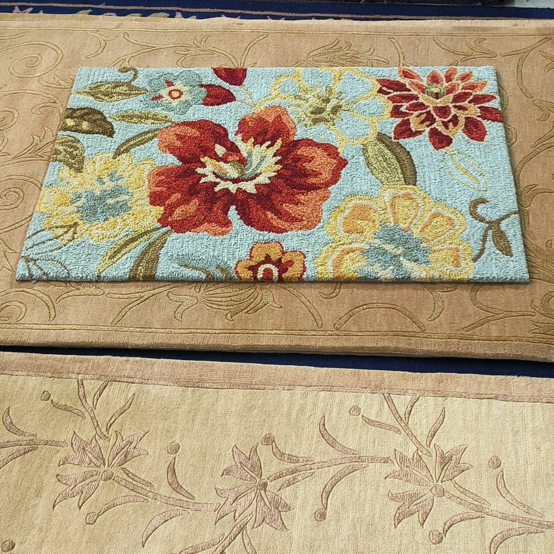 莲花轻奢欧式90×60cm手工枪刺地毯客厅卧室门厅家用茶几垫地毯