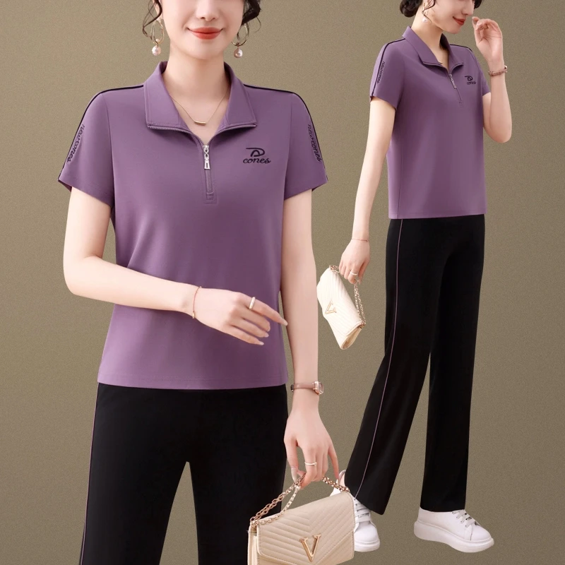 罗蒙时尚立领运动服套装女夏季新款减龄半拉链短袖直筒裤两件套女