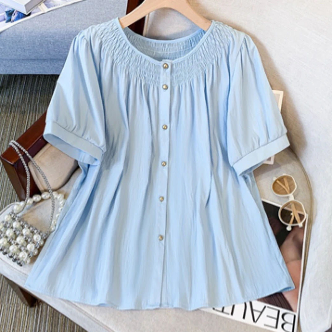 泡泡袖娃娃衬衫女夏季胖mm设计感宽松显瘦遮肚子圆领上衣