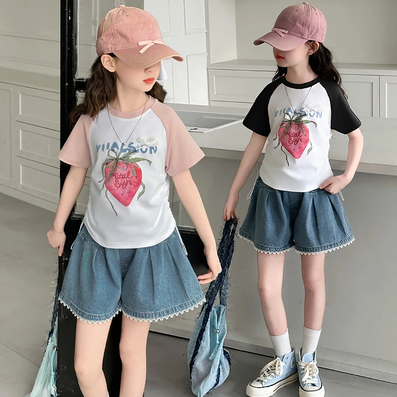 女 童休闲套装夏季2025新款儿童洋气印花短袖T恤小女孩夏装牛仔裤