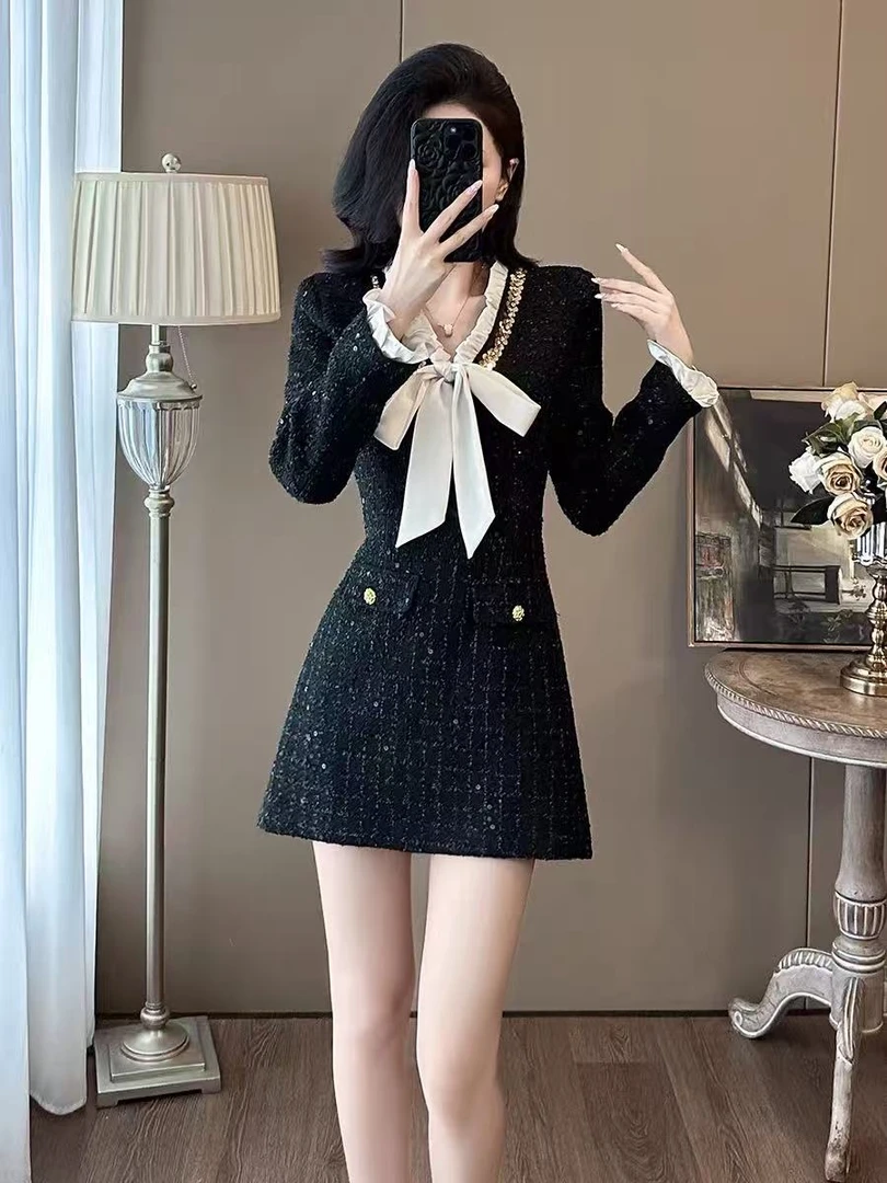 秋季显瘦撞色法式连衣裙收腰气质小个子名媛小香风时尚连衣裙