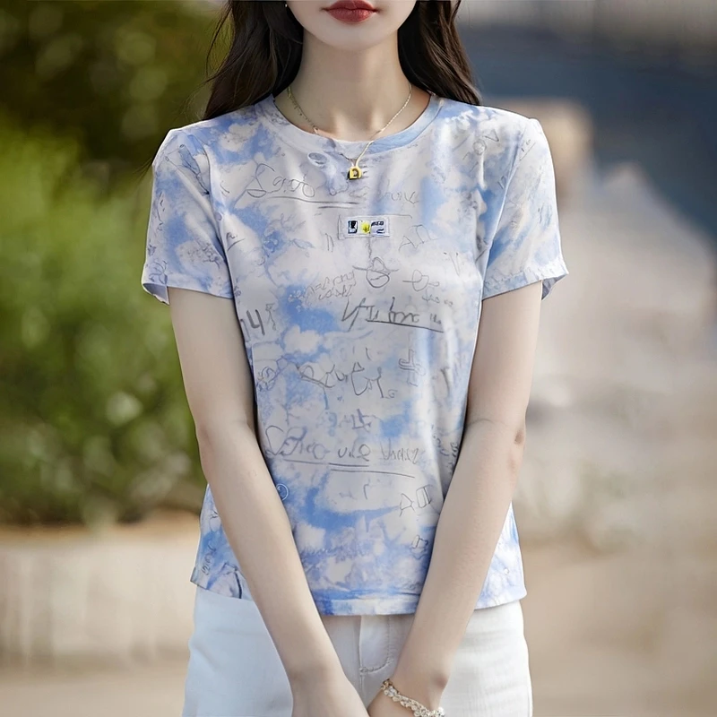 时尚女士扎染印花短袖T恤女夏季气质显瘦半袖宽松透气圆领上衣潮