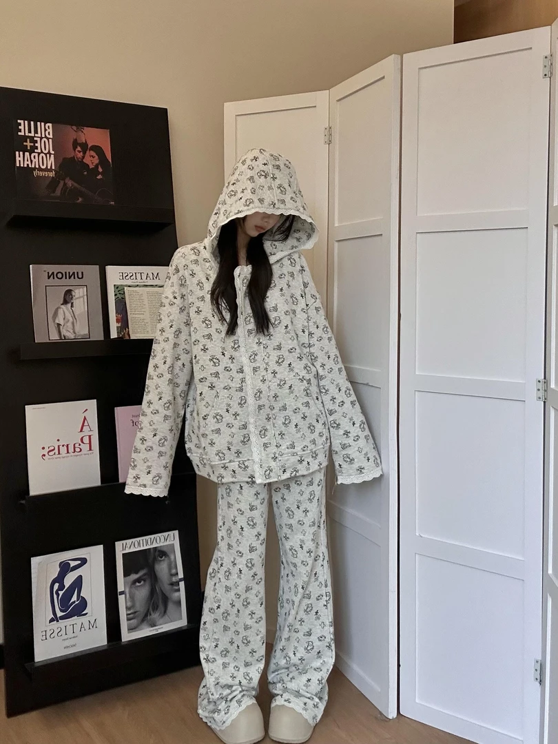 可爱Kitty印花连帽卫衣外套女睡衣套装拼接蕾丝花边家居服可外穿