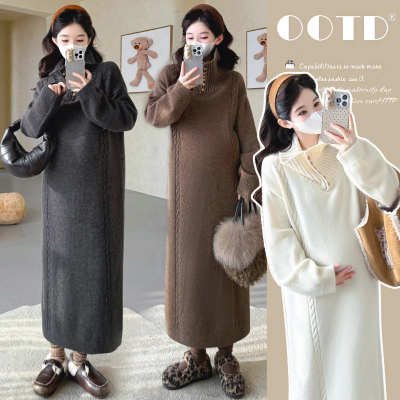 孕妇秋冬韩版麻花毛衣连衣裙半高开扣翻领直筒针织孕期连衣裙