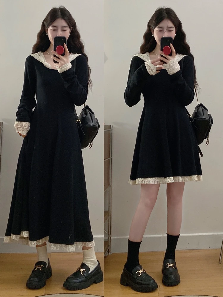 大码女装胖mm春季新款蕾丝拼接收腰连衣裙