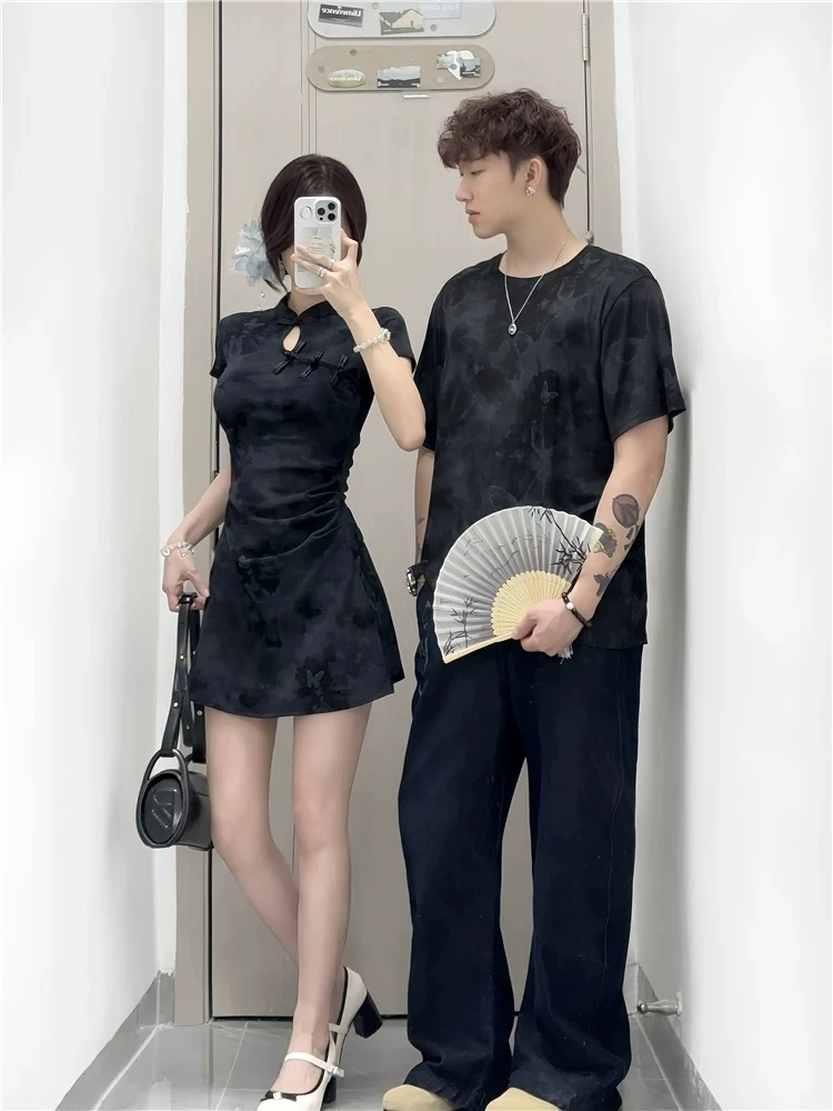 新中式情侣装夏季小众设计感短袖t恤女旗袍连衣裙法式一裙一衣潮