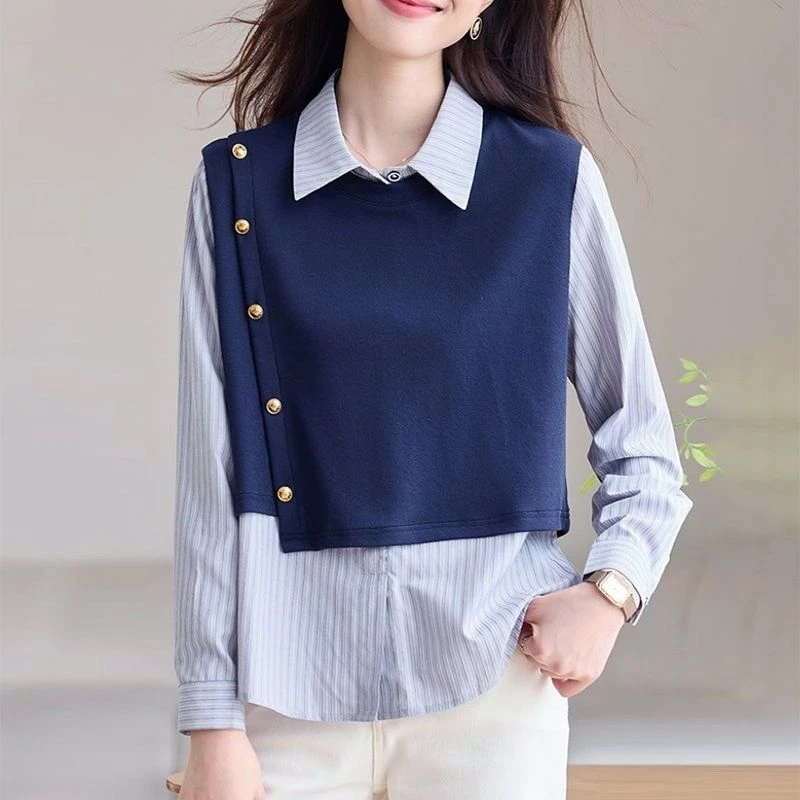 秋冬学院风甜美条纹拼接假两件衬衫女装洋气上衣宽松显瘦套头衬衣