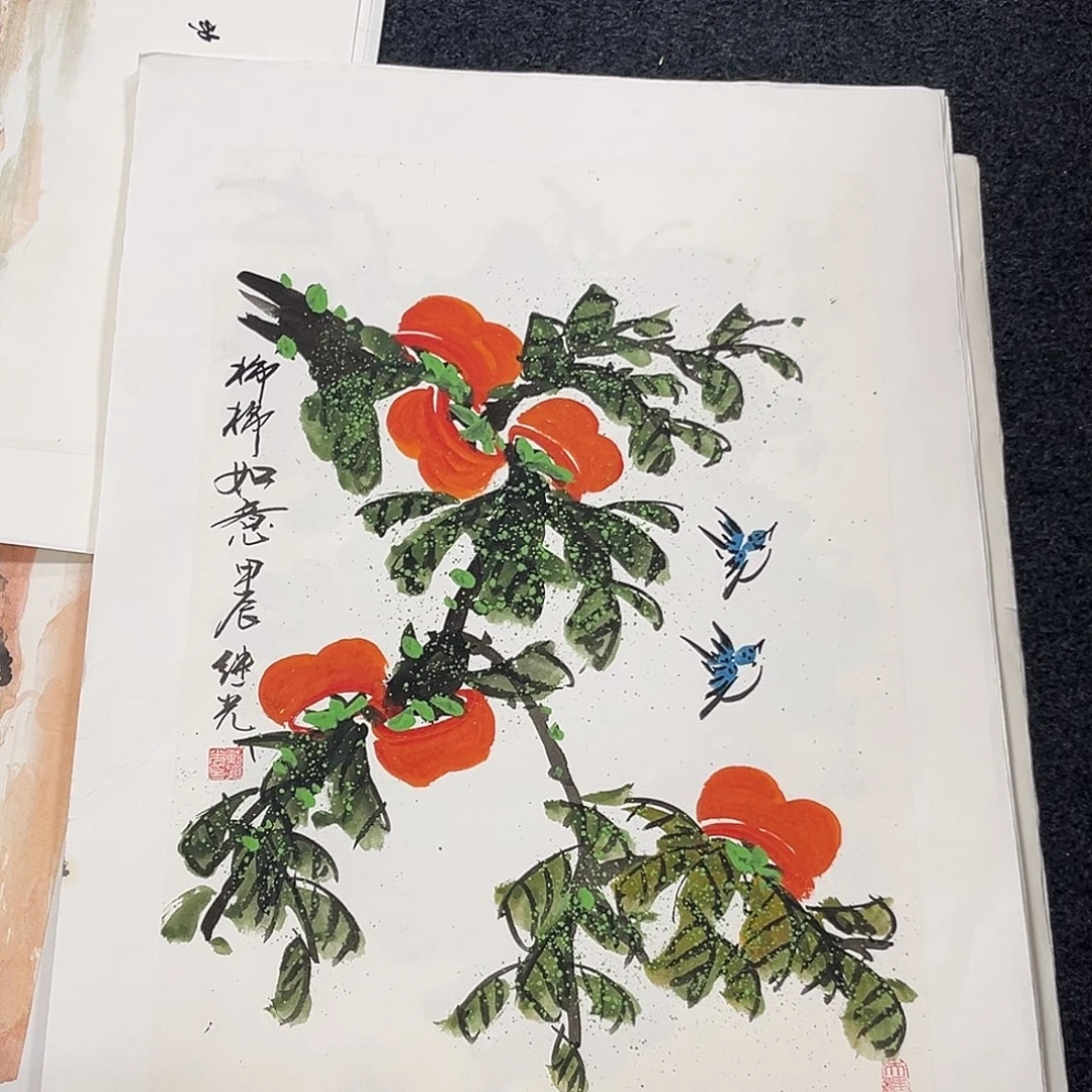 国画戴继光老师四尺三开花鸟作品旭