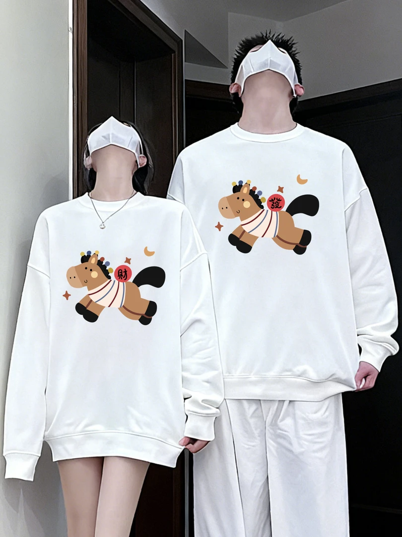 【两件装】马年新款加绒情侣百搭宽松印花潮流卡通圆领韩版情侣卫衣