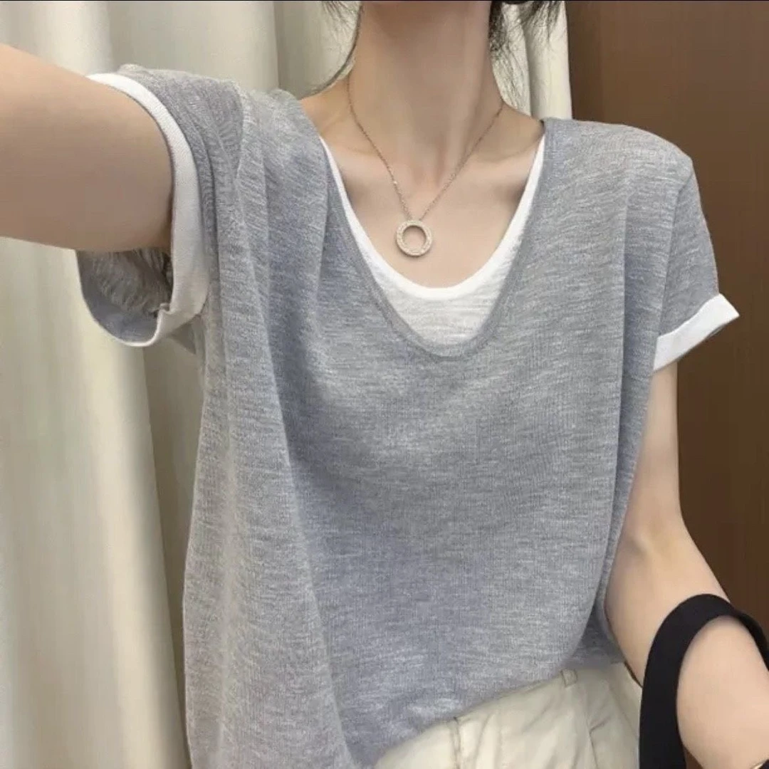 小众设计感薄款T恤女夏季法式减龄假两件宽松遮肉通勤百搭基础款