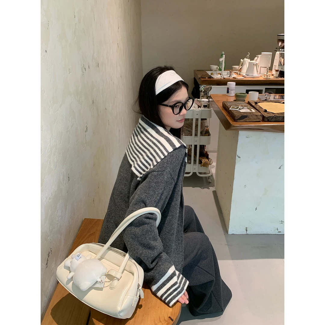 宋正恩灰色条纹海军领长袖毛织开衫外套女秋季新款宽松休闲上衣潮