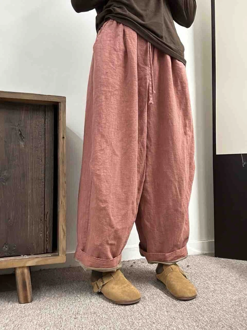 【墨隐·麻色入画】100%纯亚麻秋冬季新款双层纯色纯亚麻抽绳直筒裤