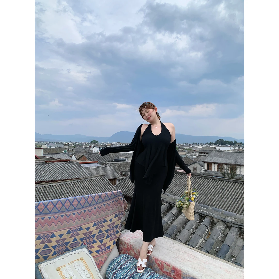 私服3件套!!【遮腹薄纸片人!!“黑钻套装”】开衫吊带半裙ZTAP2836