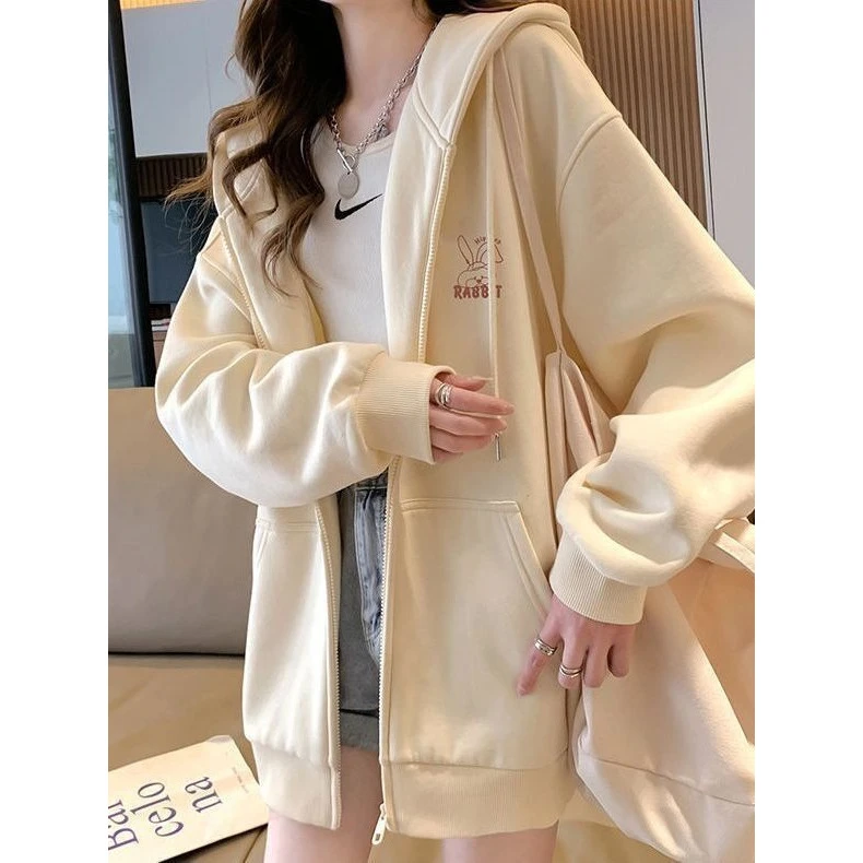 开衫加绒卫衣女外套秋冬新款宽松韩版慵懒风连帽休闲拉链长袖上衣