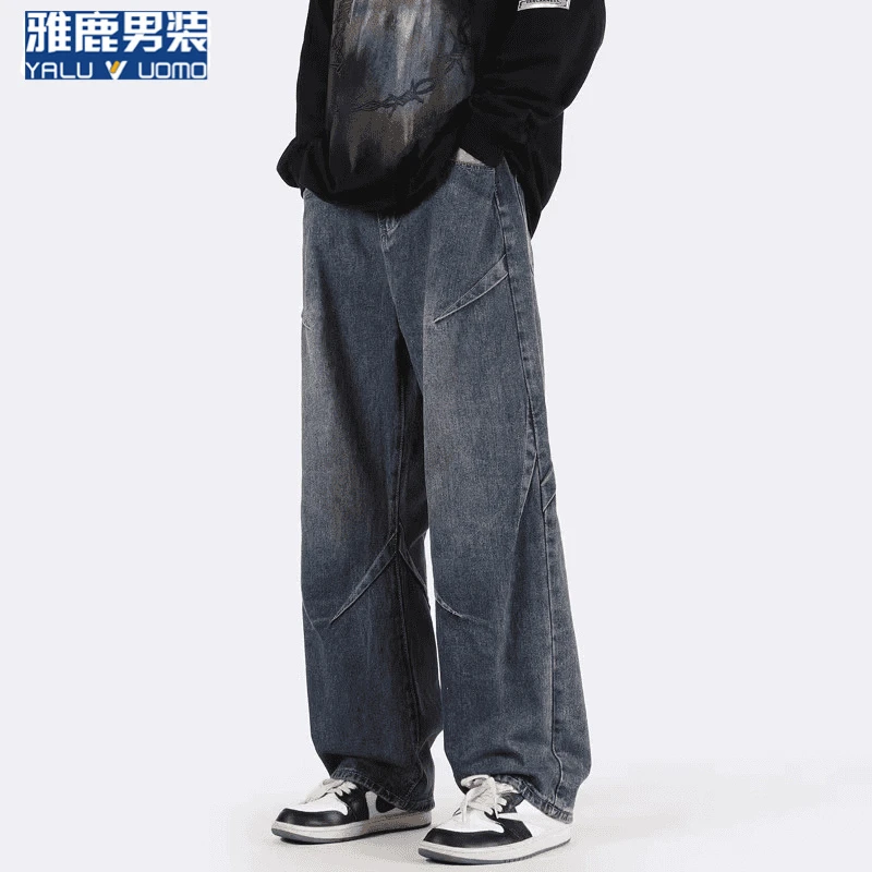 雅鹿男装直筒阔腿牛仔裤男士秋季工装宽松美式高街男裤子百搭潮流