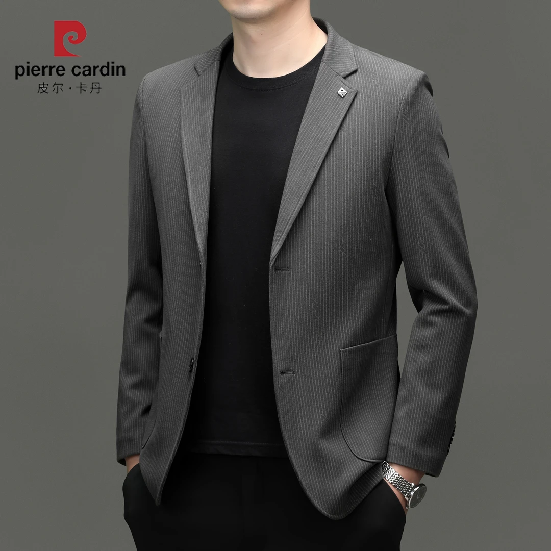 皮尔卡丹春秋季新款高档男士休闲西服外套中年商务百搭条纹西装男