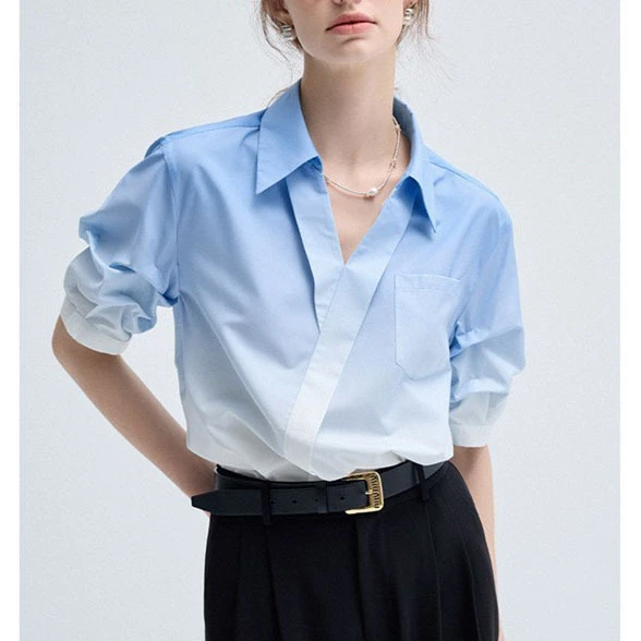 衬衫薄款上衣女2025年夏季新款蓝白渐变高级感法式V领休闲衬衣