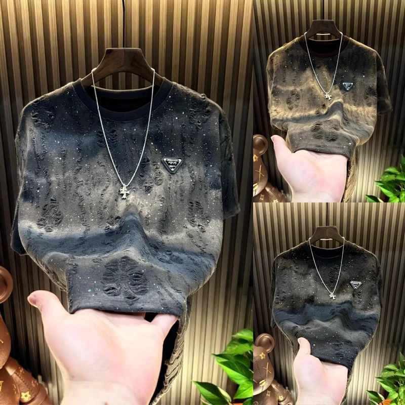 2025新款短袖圆领上衣潮流百搭破洞t恤男男士满天星轻奢