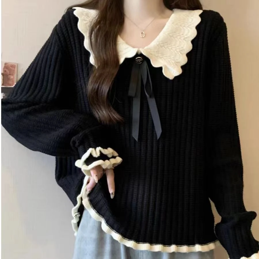新款长袖女装针织薄款针织衫时尚宽松套头洋气假两件百搭慵懒甜美