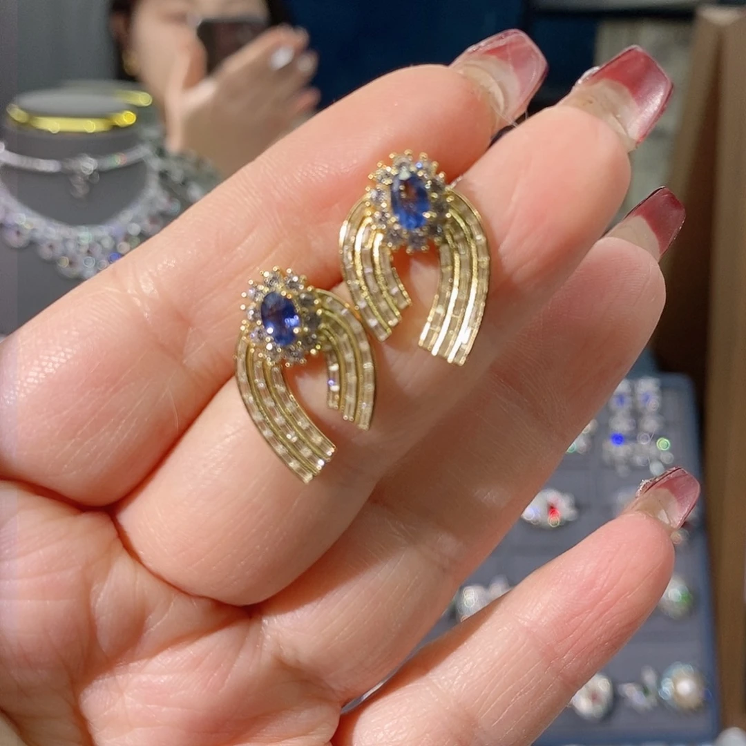 蓝宝石耳饰银S925镀金镶嵌神****使